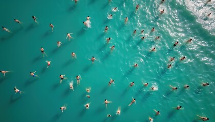 Overhead view of many people swimming in turquoise water. People of different ages, genders swimming in large body of water. Vacationers enjoying sunny day in pool lake. Summer fun, leisure