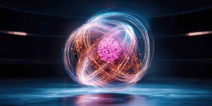 Quantum Mechanics and Electron Cloud. A vibrant, glowing atom model with swirling orbits, showcasing a central pink nucleus and colorful electron paths against a dark backdrop. - Powered by Adobe