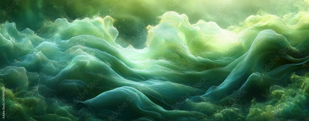 Poster flowing green and blue abstract design with soft light and movement