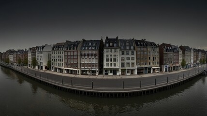 Fototapeta premium Panoramic view of a canal-side street with historic buildings.