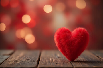 Fototapeta premium Close up of red heart on wooden table against defocused bokeh light background. Love, valentine's day concept.