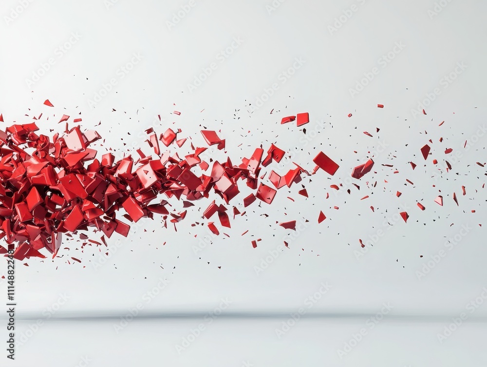 Poster dynamic explosion of broken red pieces mid-snap minimalistic white background abstract art creative 