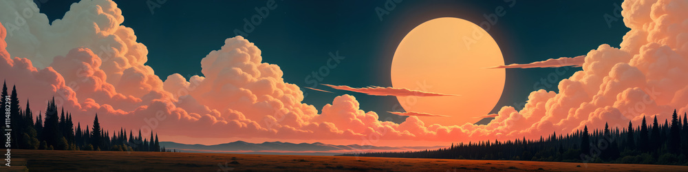 Aufkleber surreal landscape painting with large glowing orb illuminating huge clouds in sunset sky. vast field