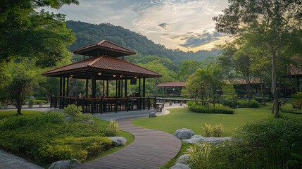 Serene Garden Pavilion Surrounded by Lush Green Landscape at Dusk