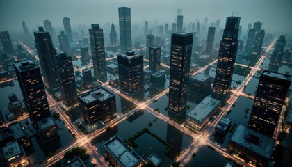 City flooded by rising sea level. Dark skyscrapers stand in water. Street lights illuminate car paths. Water covers roads, walkways. Climate change crisis depicted. Urban landscape submerged. Evening