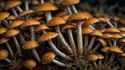 Close-up of numerous small, orange-brown mushrooms clustered together on forest floor.