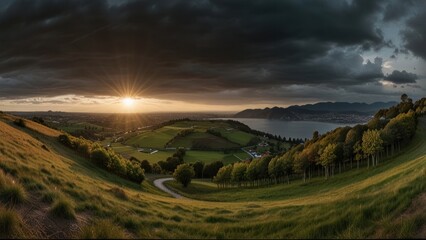 Dramatic sunset over rolling hills and lake.