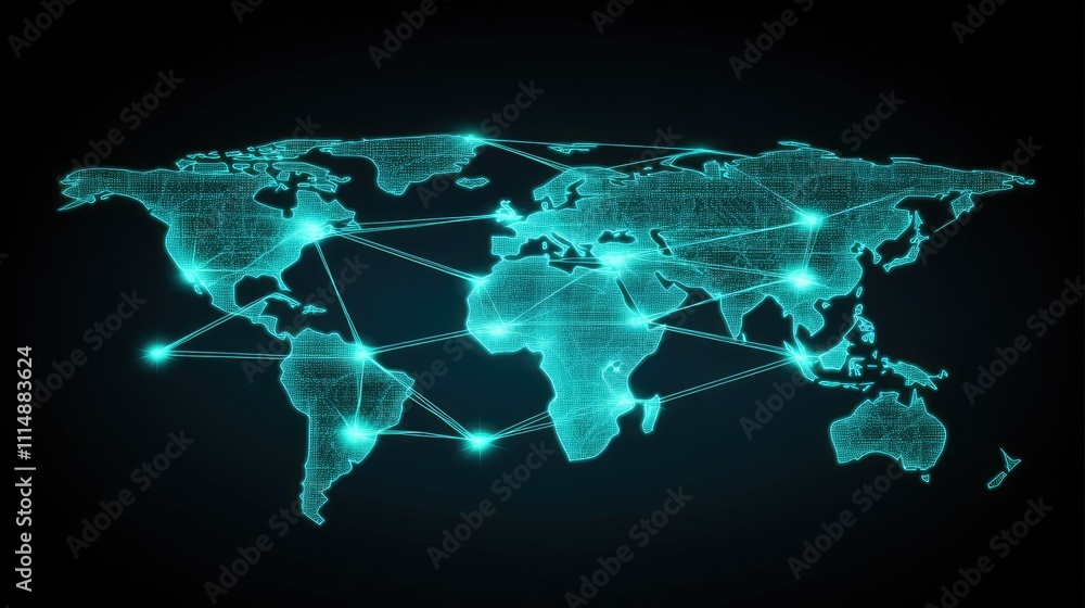 Poster global network connectivity with digital world map and lines