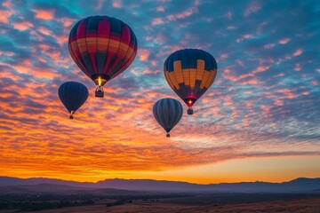 Fototapeta premium Colorful hot air balloons over scenic sunrise landscape