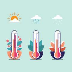 Set of vector thermometers for measuring weather. Three thermometers with different temperatures and corresponding illustrative seasons