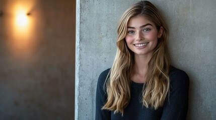 Fototapeta premium Smiling Young Woman Leaning Against Concrete Wall in Soft Lighting
