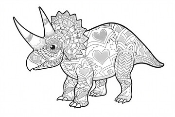 Fototapeta premium A whimsical coloring page illustration of a triceratops adorned with intricate patterns and heart designs, perfect for art enthusiasts.