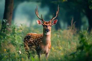 Obraz premium Majestic spotted deer standing in lush green forest clearing