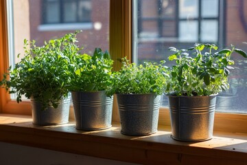 Fototapeta premium Sunlit herb garden in rustic metal pots on wooden windowsill