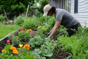 Caucasian female adult gardening in a vibrant flower and vegetable garden