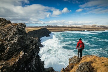 Fototapeta premium Awe-inspiring ocean view from cliff edge with lone hiker