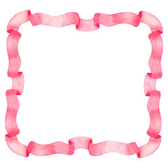 Pink frame of vintage ribbon, square border. For valentine's day, gender reveal party, baby shower, wedding. Hand drawn watercolor illustration on white background. Card empty space inside