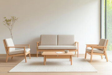 Modern living area with wooden furniture, featuring sofa, armchairs, and coffee table. soft colors and natural light create serene atmosphere