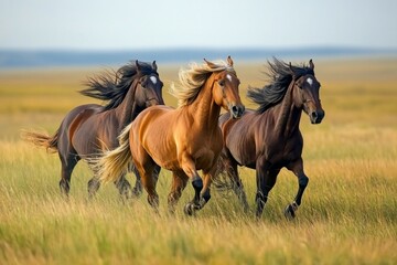 Obraz premium Three majestic horses running freely in a vast green field