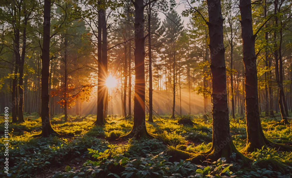 Poster forest with trees and a sun shining through the trees. the sun is in the sky and the trees are in th