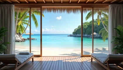 Fototapeta premium Tropical beach landscape view from luxury water bungalow villa. Calm turquoise water lagoon. Palm trees, rocks on shore. People relax on sun loungers. Sunny day. Ideal vacation destination. Tranquil