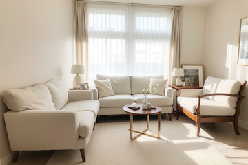 Fototapeta premium interior with sofa and wooden coffee table - 3d rendered illustration