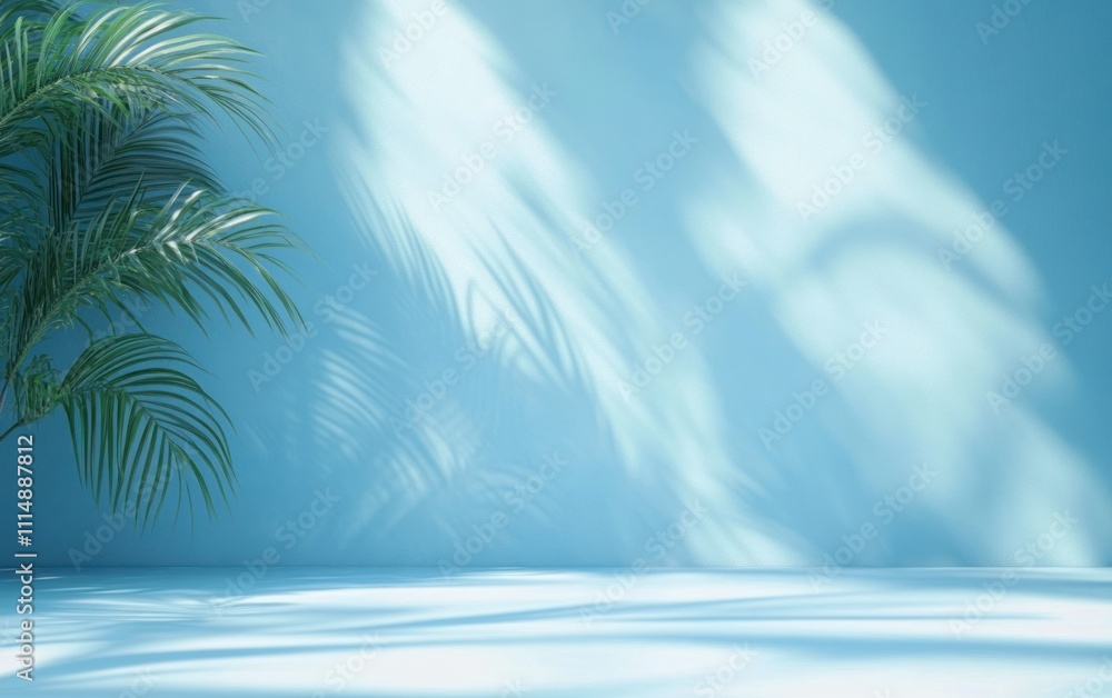 Poster blue abstract minimal background with palm leaf shadows for spring and summer product presentation