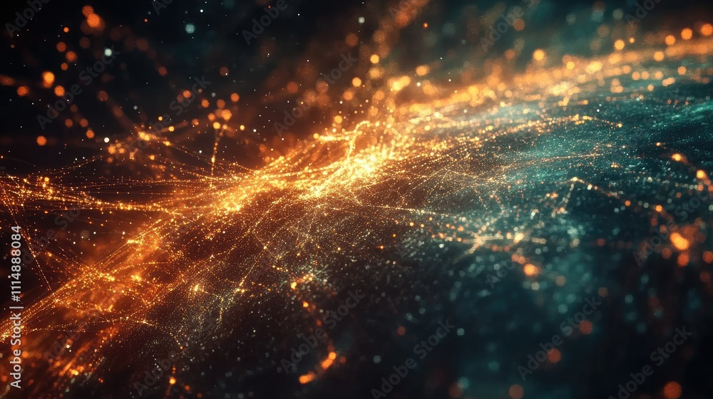 Poster abstract glowing background with light particles in dark space
