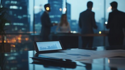 Fototapeta premium Business team discussing financial graphs and charts in an office setting, symbolizing corporate discussions. A device on a table features a company logo against a blurred background 