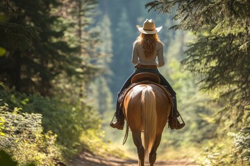 Female cowboy riding a horse through a sunlit forest path