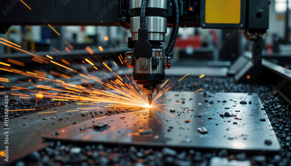 Poster industrial laser cutting machine processes metal plate. sparks fly as tech device precisely cuts met