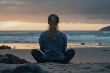 Fototapeta premium Young caucasian female meditating on beach at sunset