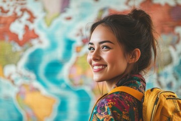 Fototapeta premium Young asian female traveler smiling in front of world map