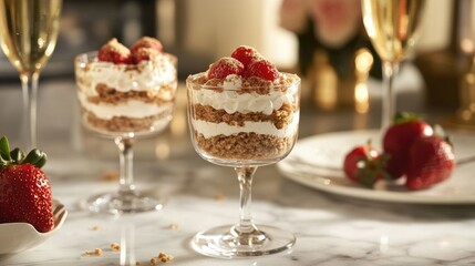 Layered dessert with strawberries and cream in elegant glass cups