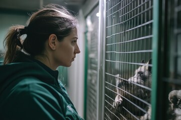Fototapeta premium Young caucasian female zookeeper observing raccoons in enclosure