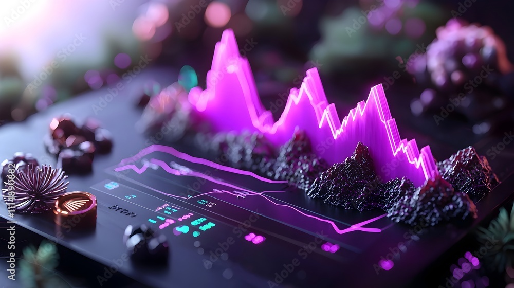 Poster mesmerizing abstract purple graph chart displayed on a dark futuristic background showcasing financi