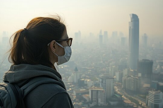 Asian female wearing mask overlooking city skyline in hazy weather conditions