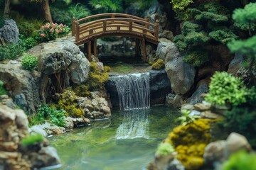 A small waterfall flows into a tranquil lagoon, surrounded by moss-covered rocks and lush greenery, with a narrow wooden bridge arching over the water