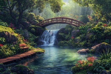 A small waterfall flows into a tranquil lagoon, surrounded by moss-covered rocks and lush greenery, with a narrow wooden bridge arching over the water