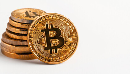 A stack of golden Bitcoin coins displayed on a clean surface, symbolizing cryptocurrency investment and digital finance.
