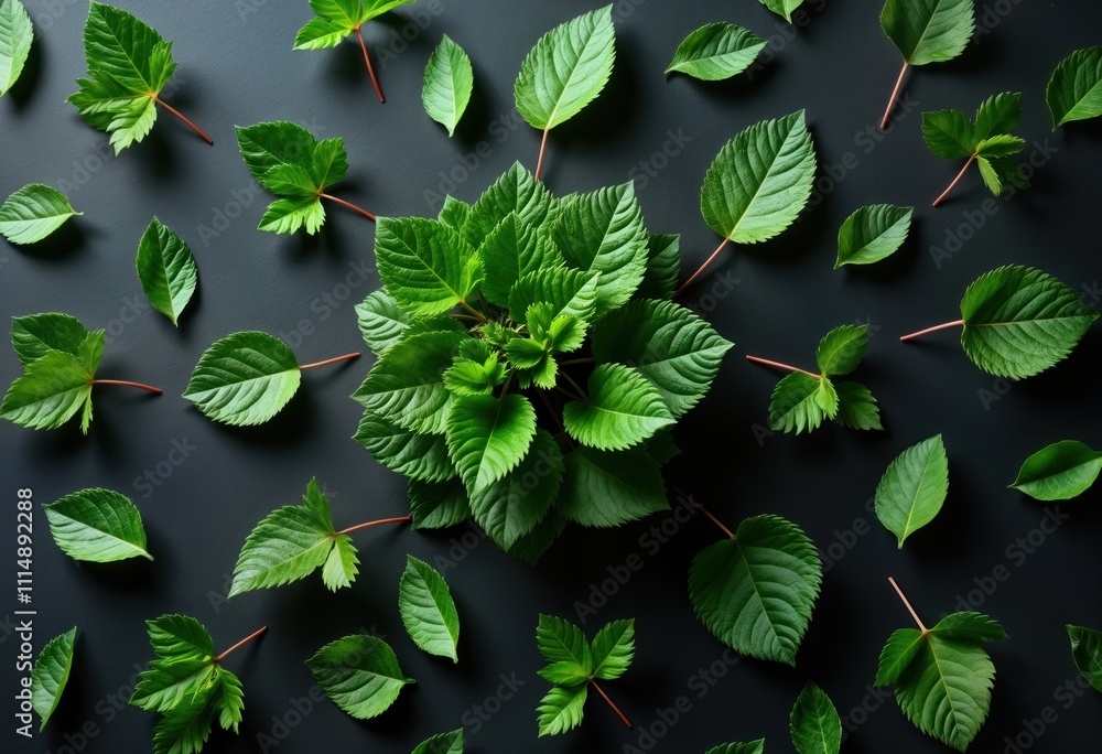 Poster Vibrant green leaves arranged artfully on dark background create visually appealing pattern. Cluster of leaves forms central point. Eye-catching image conveys nature beauty in simple, artistic way.