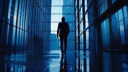 Fototapeta premium A silhouette of a businessman walking through a sleek, glass-walled corridor in a modern building, illuminated by blue tones and urban reflections.