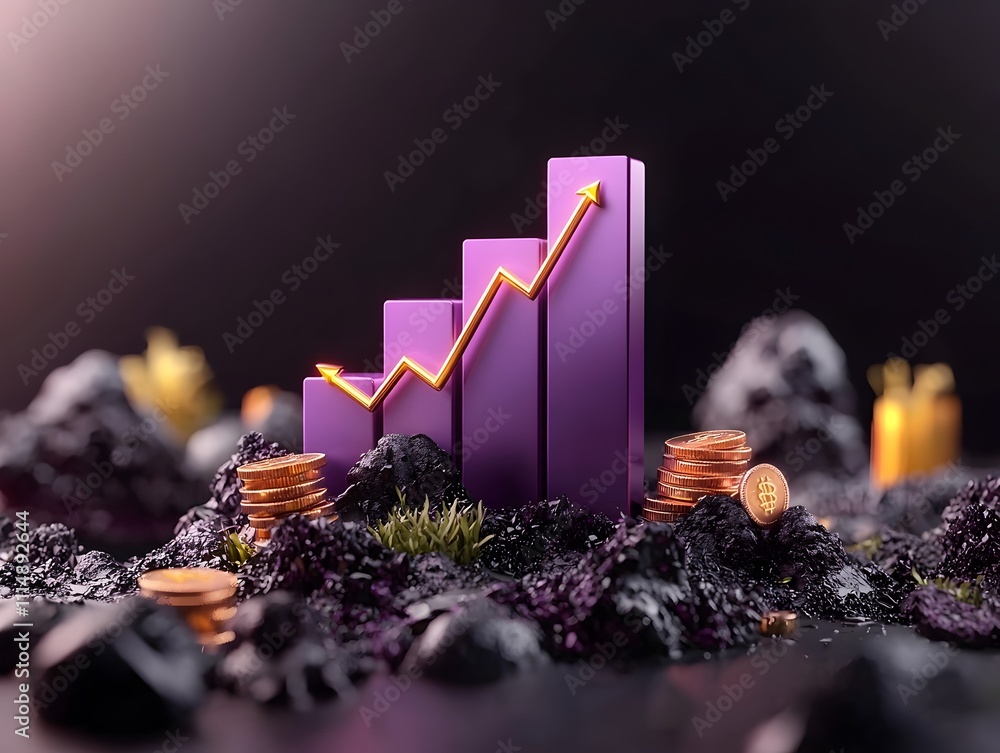 Aufkleber sleek and minimalist 3d visualization of an amethyst colored business chart rising from a shadowy at