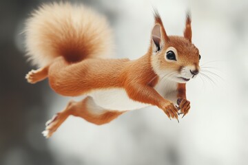 Red squirrel in flight, white background, photorealistic, hyperrealistic, full-body shot, high resolution, high quality, high detail, cinematic, sharp focus, no blur, rendered with Octane, high level 