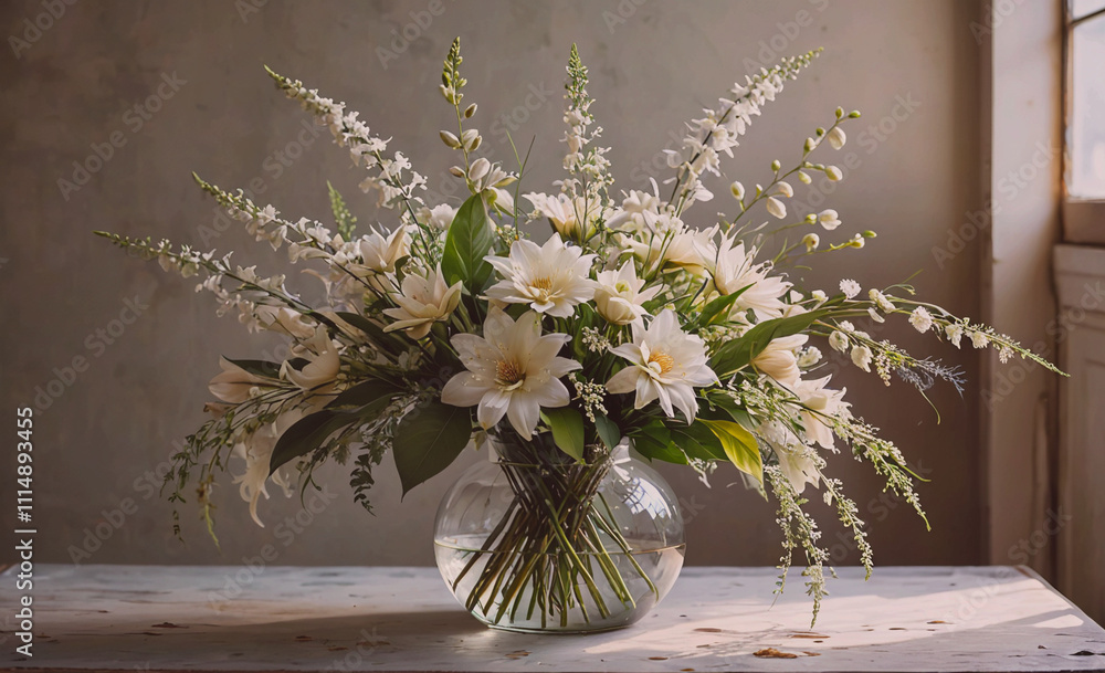 Aufkleber vase of white flowers sits on a table. the flowers are in a clear vase and are arranged in a way tha