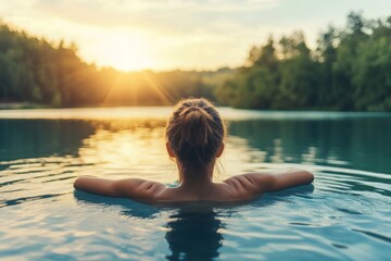 Fototapeta premium Relaxation at sunset in peaceful lakeside setting with young caucasian female