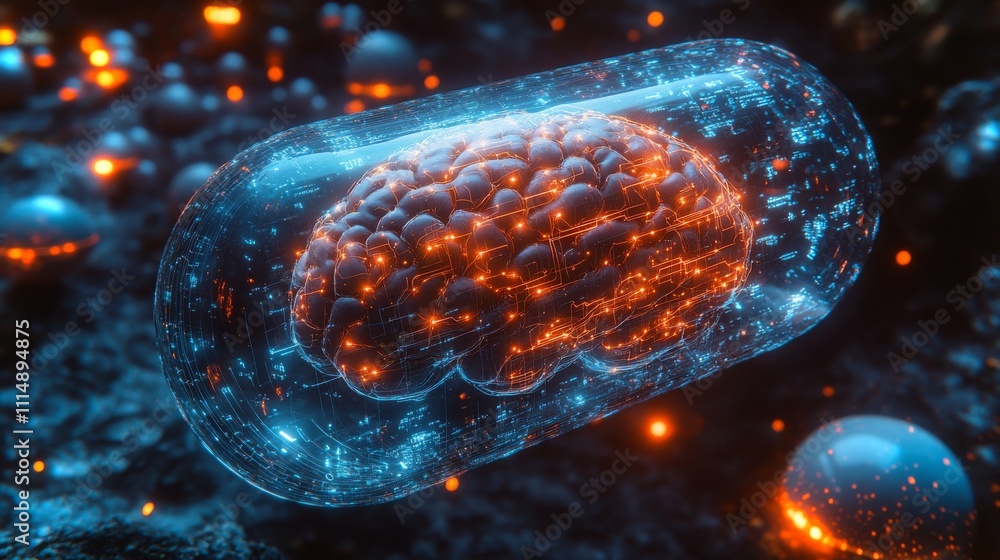 Aufkleber glowing brain model in a clear capsule within a digital setting