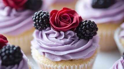 Purple Cupcake with Rose and Blackberry Decoration