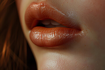 Fototapeta premium Close-up of a woman's lips, featuring a smooth and glossy finish, highlighting warm tones and natural texture.