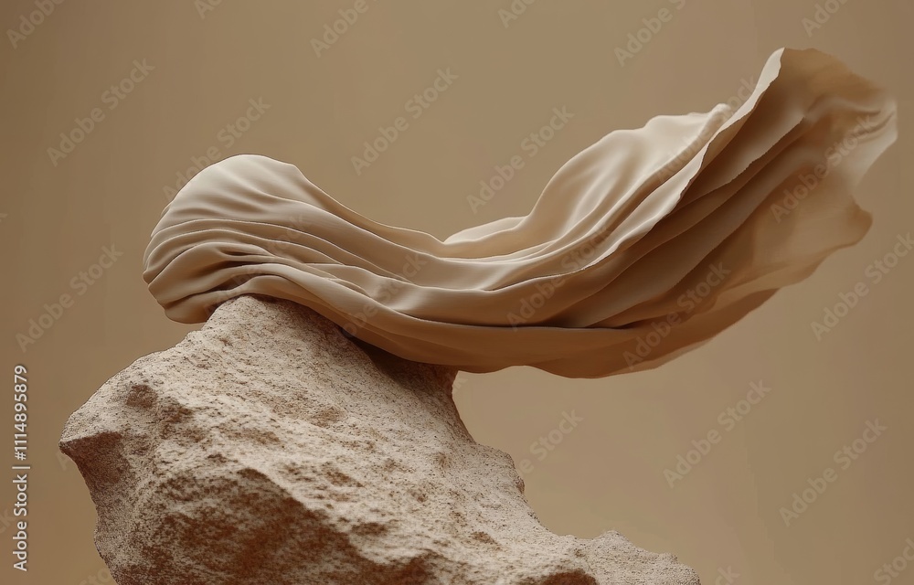 Poster beige rock and flowing fabric abstract minimalist display for product presentation